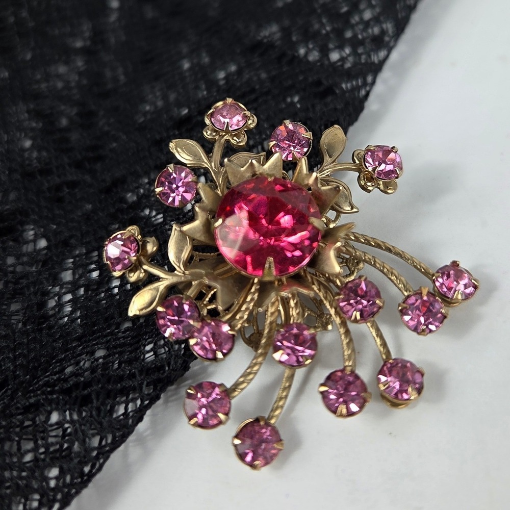 Vintage Pink Rhinestone Floral Spray Brooch Gold Tone Unsigned Mid Century Pin